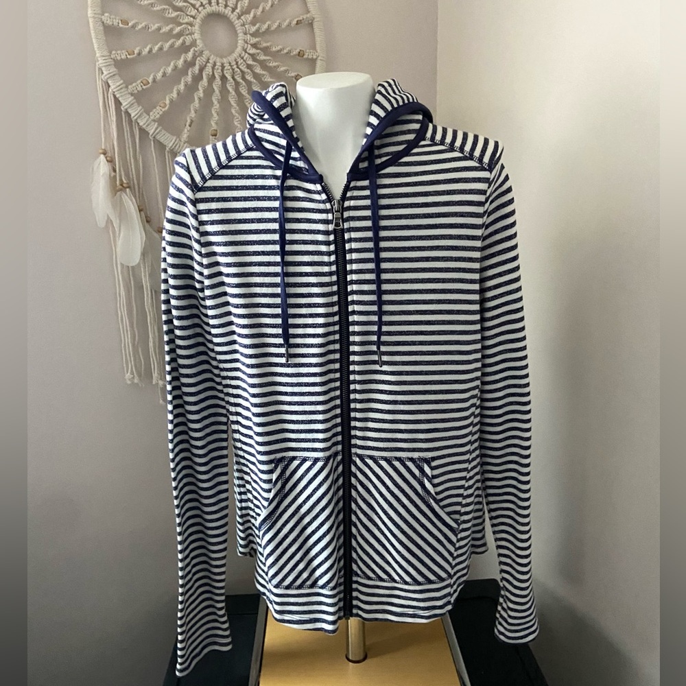 Cable & Gauge Women’s Striped Navy and White Full Zip Hoodie Size Small